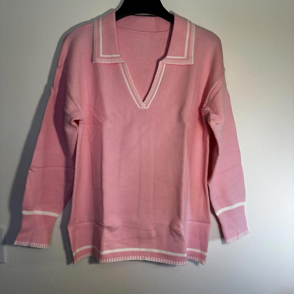 Saodimallsu Womens Striped Sweater V Neck Long Sleeve Pink White L